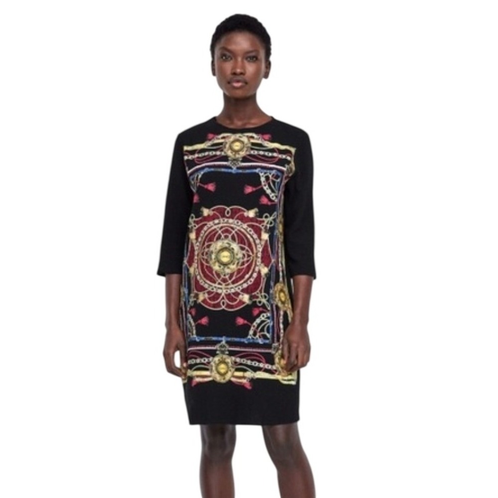 Zara Basic Women Black Baroque Chain Tassel Print Shift Dress Size M 3/4 Sleeve